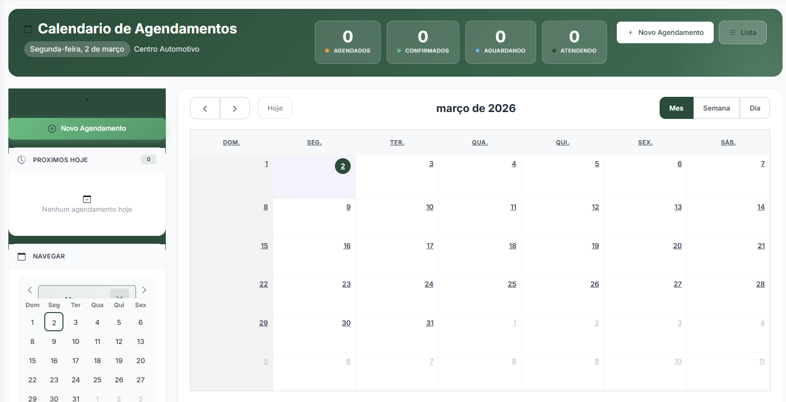 Calendário de Agendamentos - Visão mensal com contadores de status: agendados, confirmados, aguardando e em atendimento