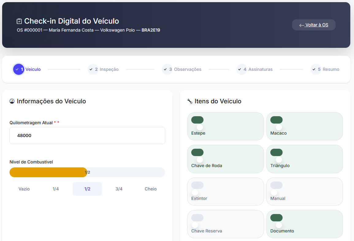 Check-in Digital - Formulário de entrada do veículo