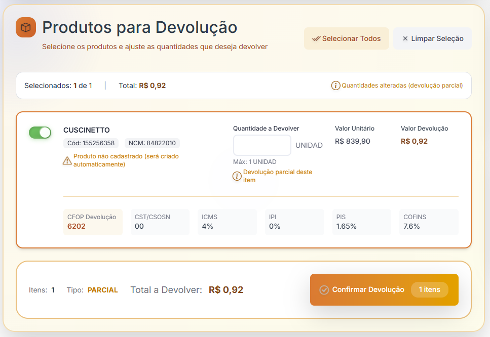 Selecionar Produtos para Devolução - DotCompany ERP