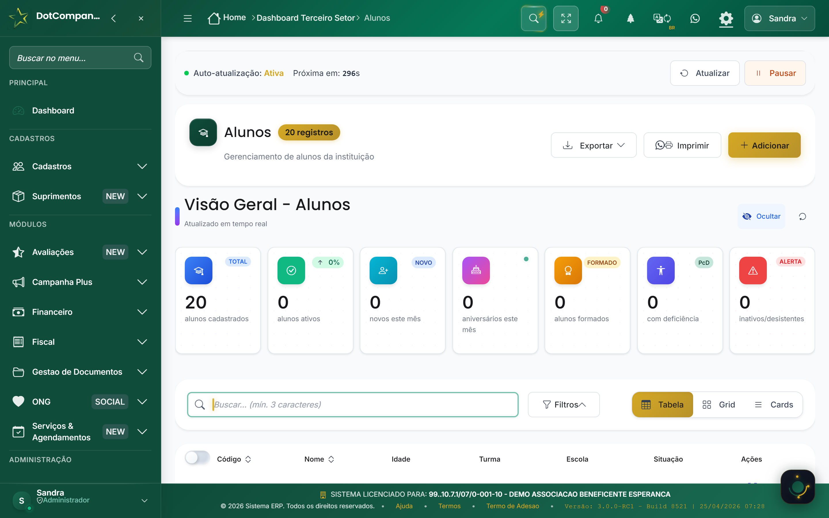 Alunos - 20 cadastrados, KPIs por situacao (ativos, novos, formados, com deficiencia)