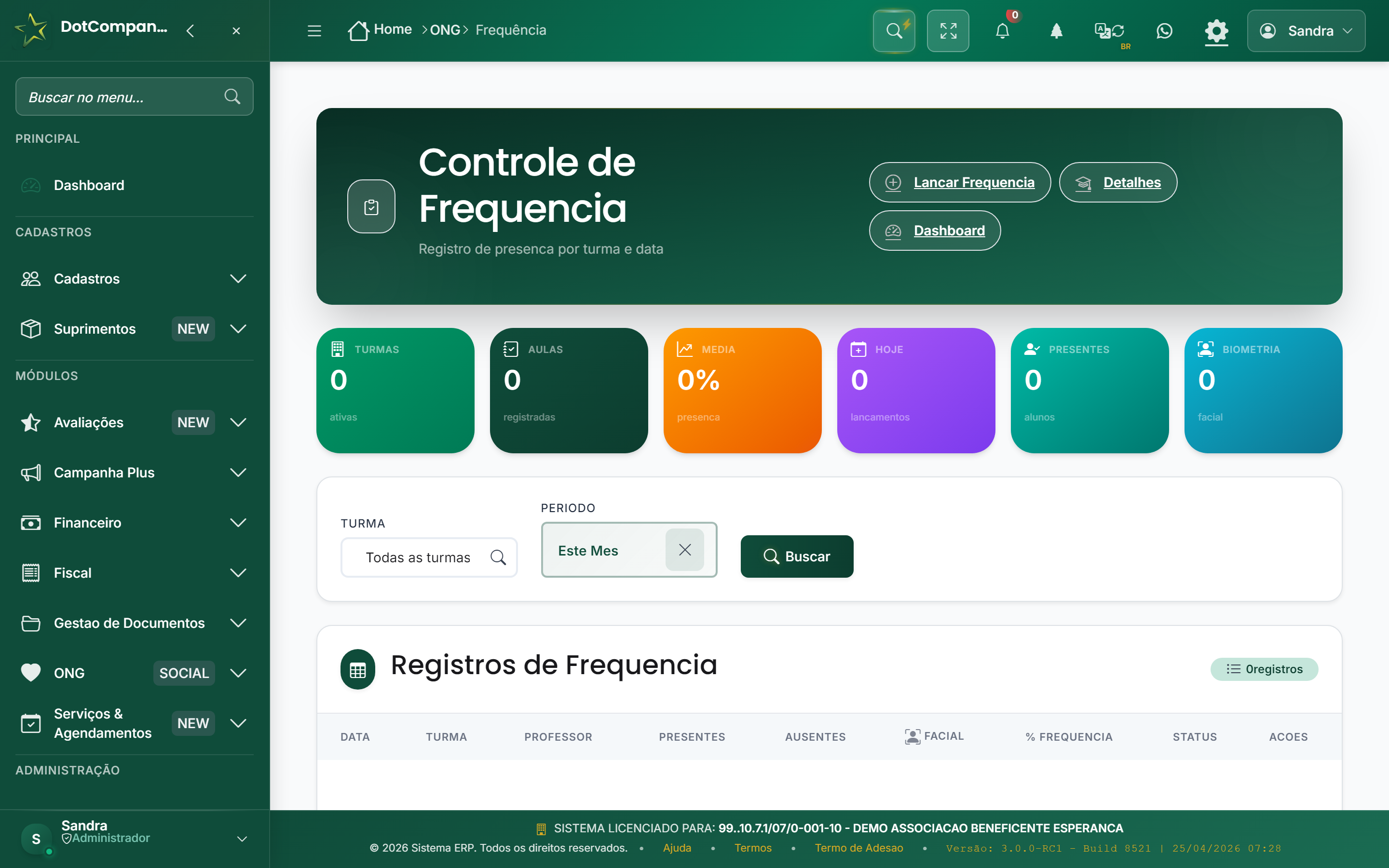 Controle de Frequência - registro de presenca por turma e data, integracao biometria