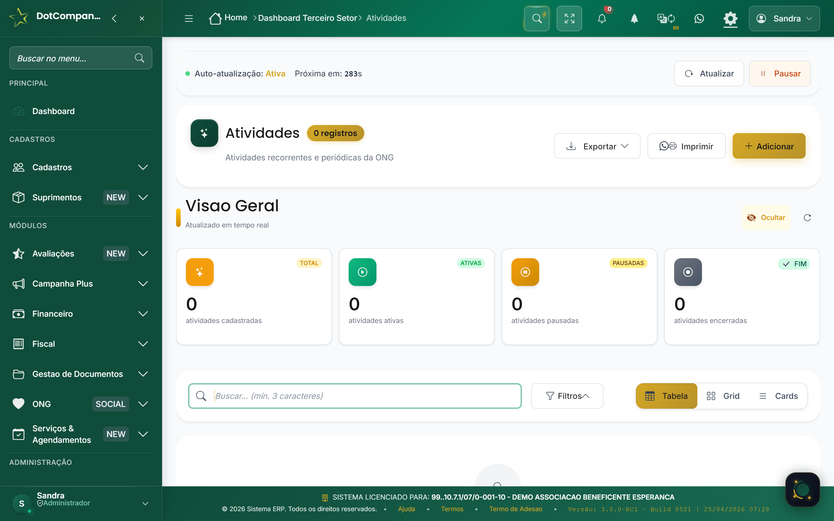 Atividades - Visao Geral em tempo real com KPIs (Total, Ativas, Pausadas, Encerradas)