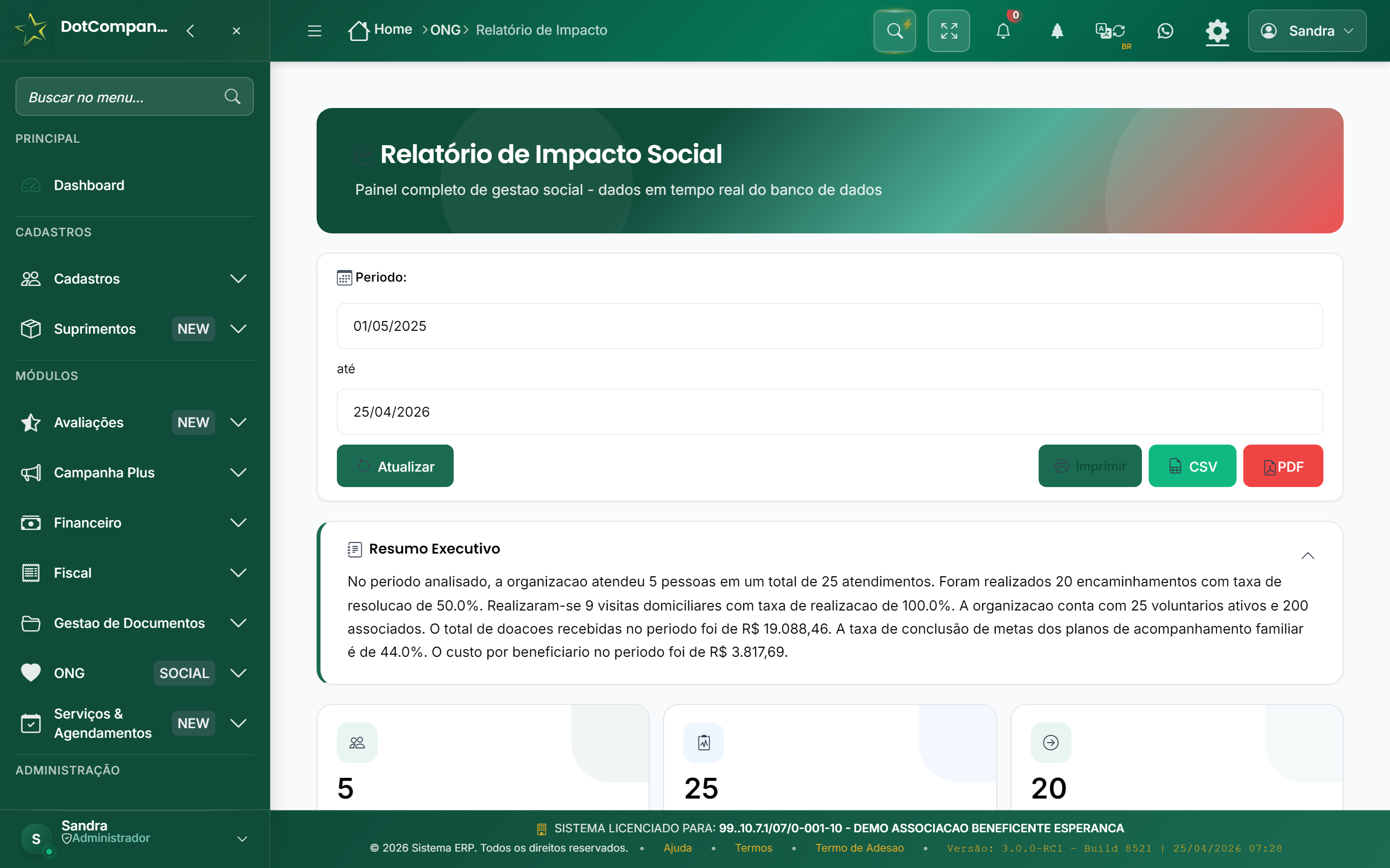Relatório de Impacto Social - dados em tempo real do banco com Resumo Executivo automático, exportação PDF/CSV