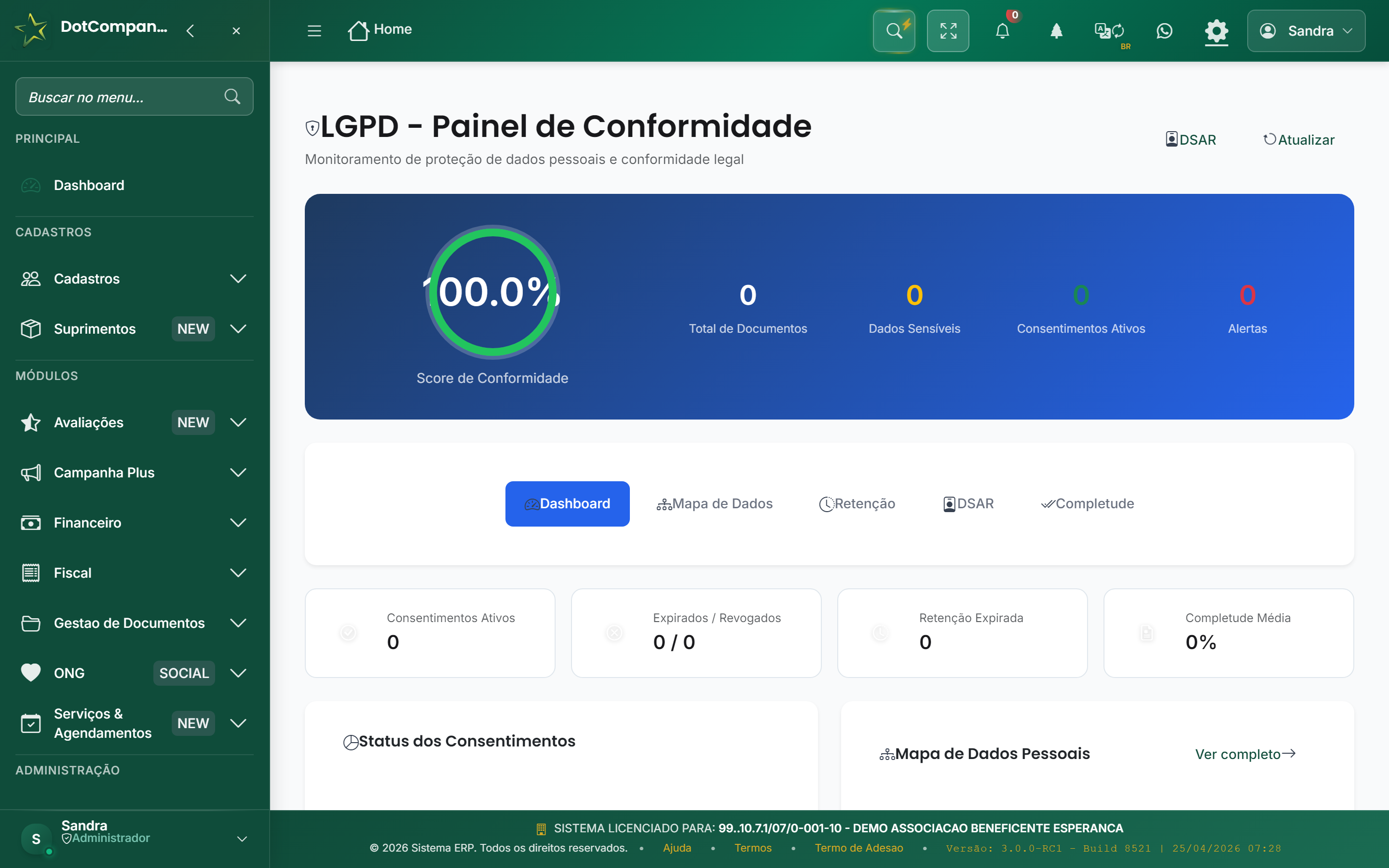 LGPD - Painel de Conformidade com Score 100%, monitoramento de dados pessoais, DSAR, Mapa de Dados, Retencao, Completude