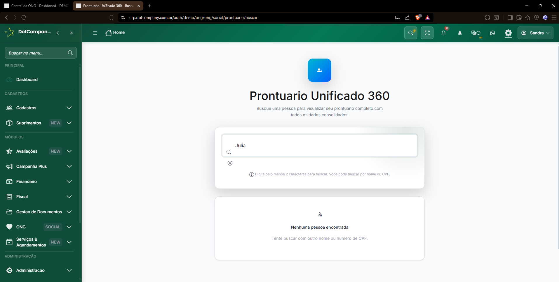 Prontuario Unificado 360 - Busca de pessoa por nome ou CPF